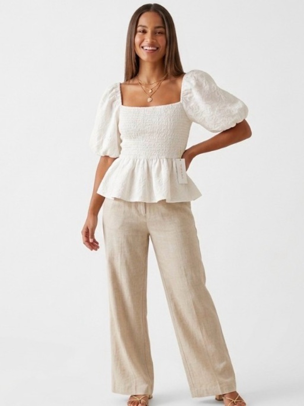 ✨ Strut & Bolt Ivory Textured Peplum Puff Sleeve Blouse Large